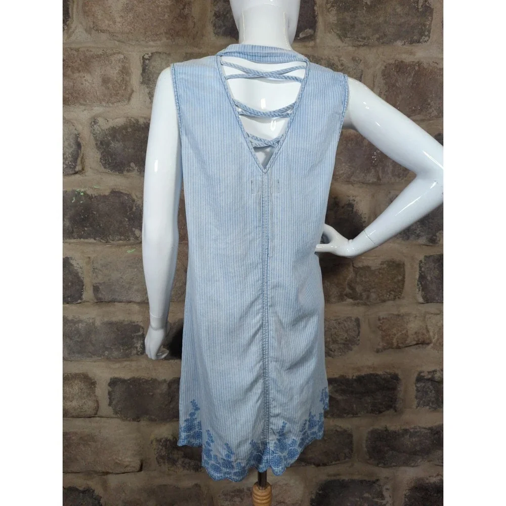 Michael Stars Dress 100% Tencel Blue Striped Sleeveless Embroidered‎ Size Small